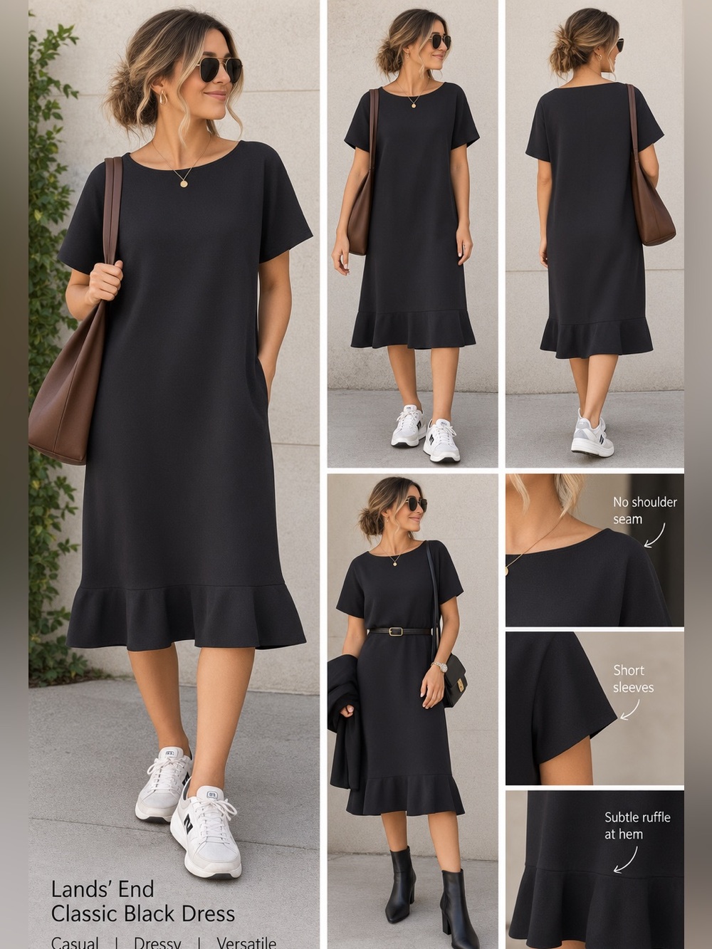 Land’s End Classic Black Short-Sleeve Shift Dress medium